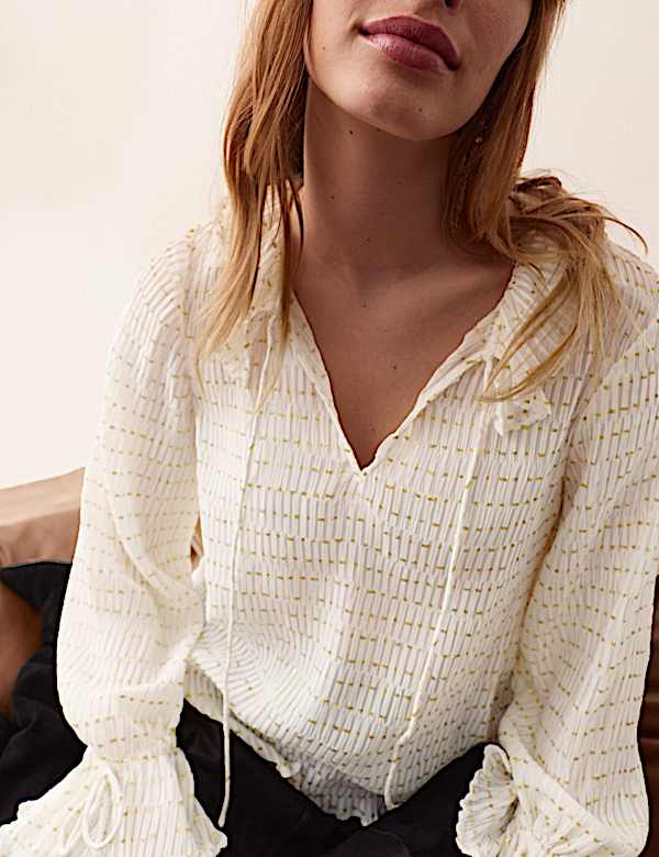 Striped Ruffle Tie Neck Blouse - CA