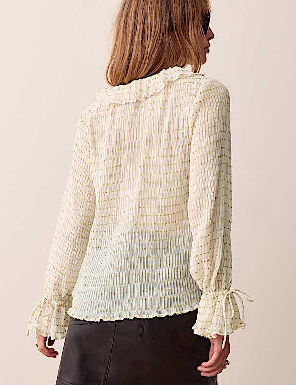 Striped Ruffle Tie Neck Blouse - CA