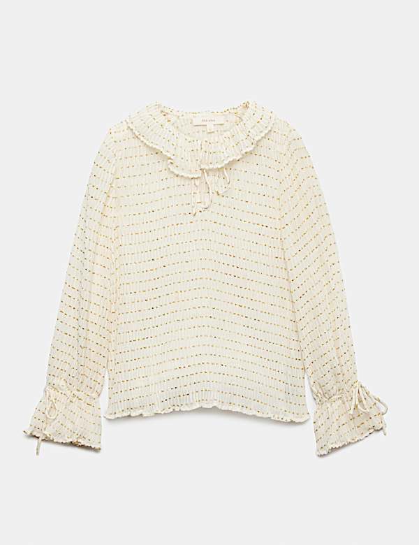 Striped Ruffle Tie Neck Blouse - CA