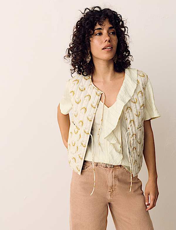 Gestreepte blouse met V-hals en ruches aan de voorkant - NL