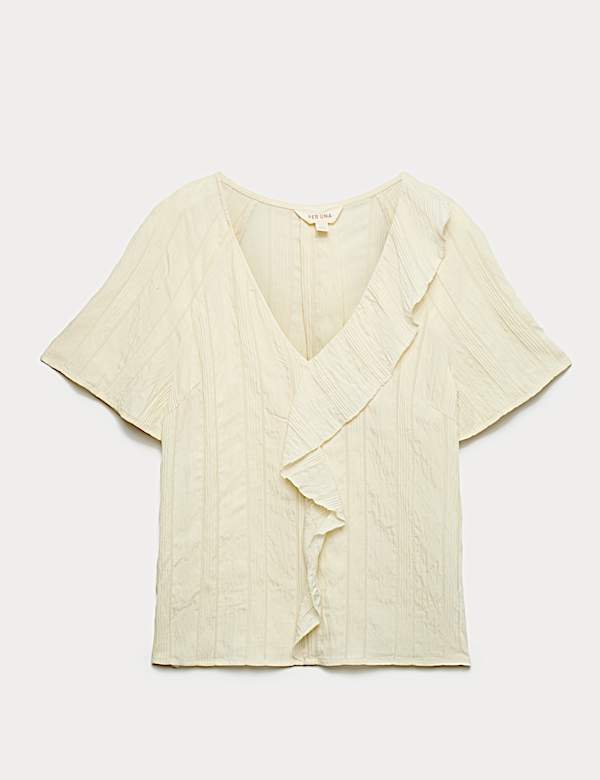 Gestreepte blouse met V-hals en ruches aan de voorkant - NL
