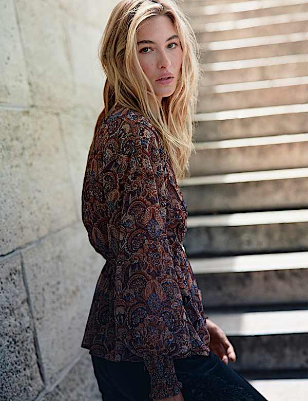 Paisley Floral V Neck Shirred Blouse