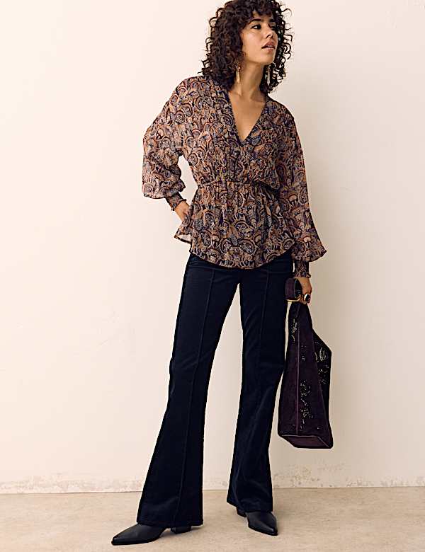 Paisley Floral V Neck Shirred Blouse - IL