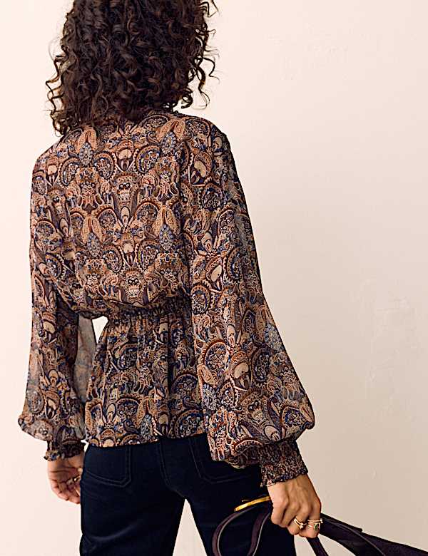 Paisley Floral V Neck Shirred Blouse - IL
