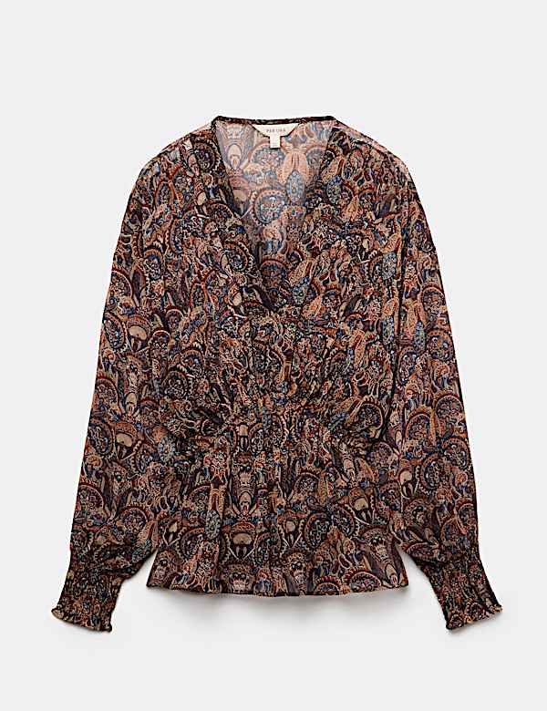 Paisley Floral V Neck Shirred Blouse - IL