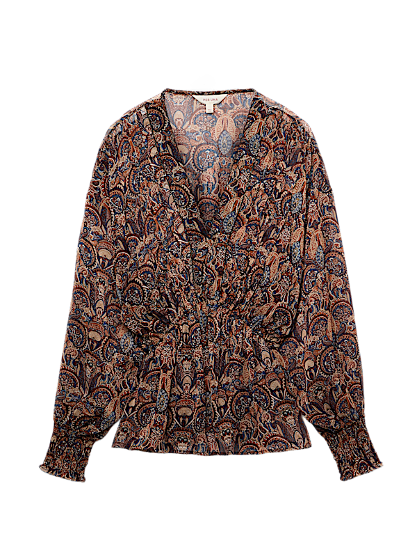 Paisley Floral V Neck Shirred Blouse