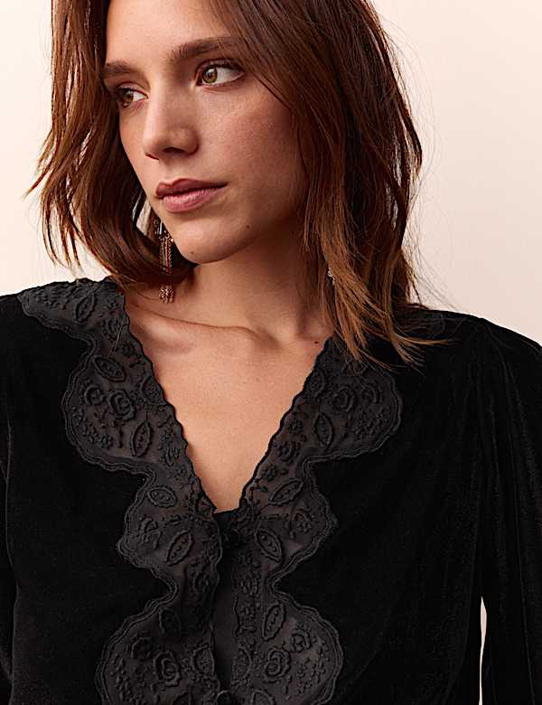 Velvet Lace Insert V Neck Blouse - JE
