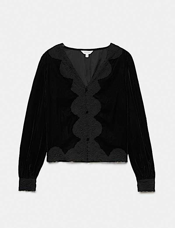 Velvet Lace Insert V Neck Blouse - JE