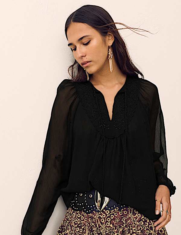 Chiffon Beaded Tie Neck Blouse