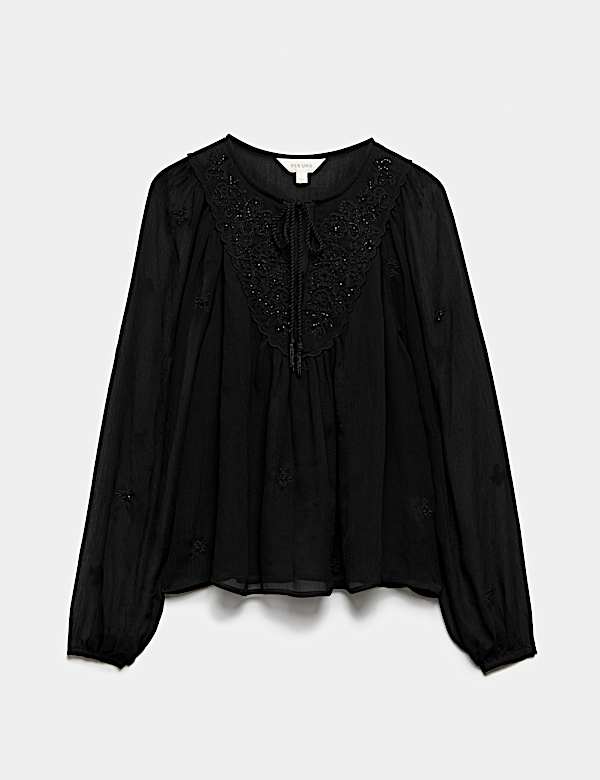 Chiffon Beaded Tie Neck Blouse - LU