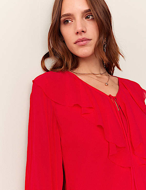 Ruffle Tie Front V Neck Blouse - TW