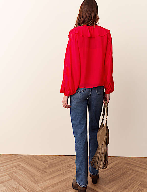 Ruffle Tie Front V Neck Blouse - TW