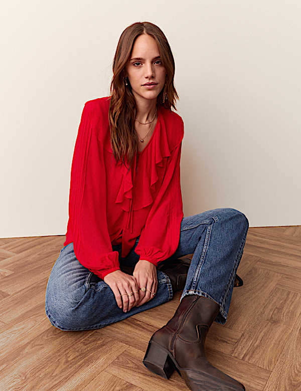 Ruffle Tie Front V Neck Blouse - TW