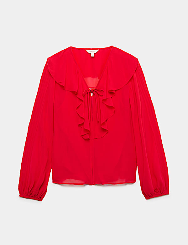 Ruffle Tie Front V Neck Blouse - TW