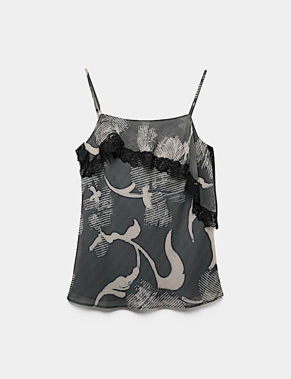 Printed Lace Trim Ruffle Cami Top - TW