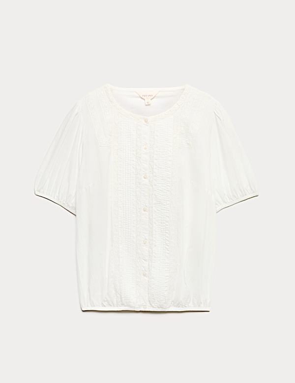 Zuiver katoenen blouse met figuurnaad en kanten inzet - BE