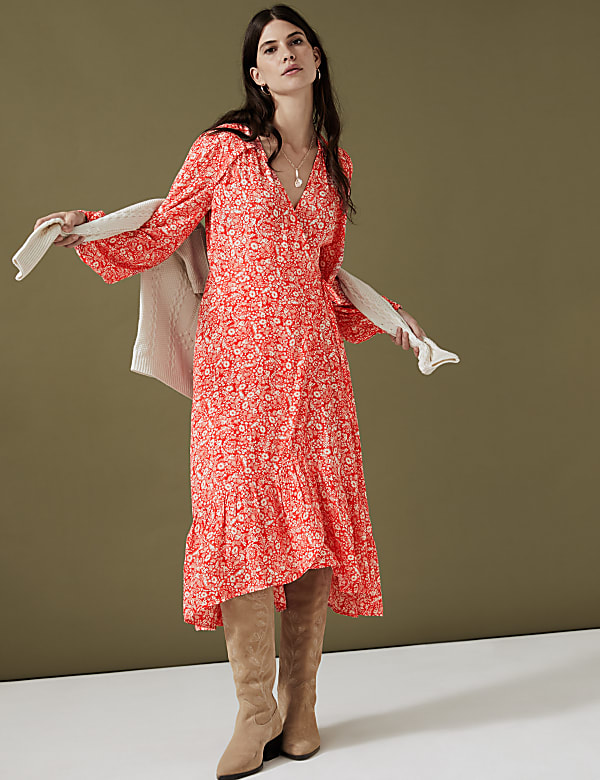 Floral V-Neck Midi Wrap Dress