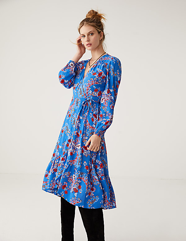 Floral V-Neck Midi Wrap Dress