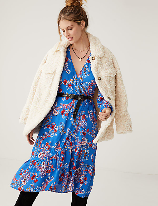 Floral V-Neck Midi Wrap Dress