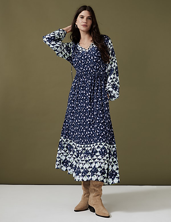 Floral Tie Neck Midaxi Waisted Dress