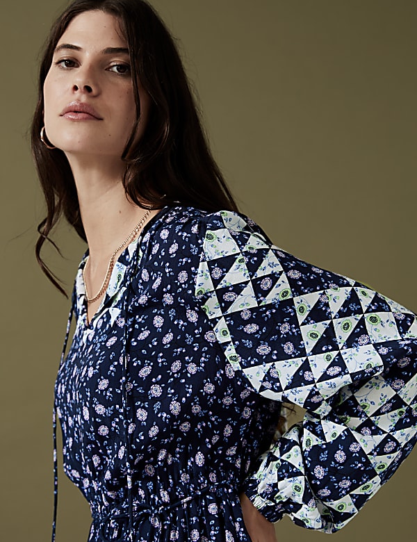 Floral Tie Neck Midaxi Waisted Dress