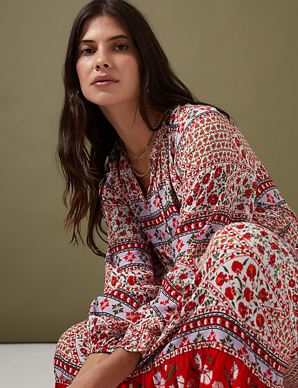 Floral Tie Neck Belted Midaxi Waisted Dress