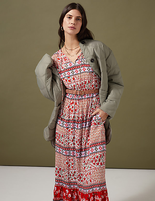Floral Tie Neck Belted Midaxi Waisted Dress