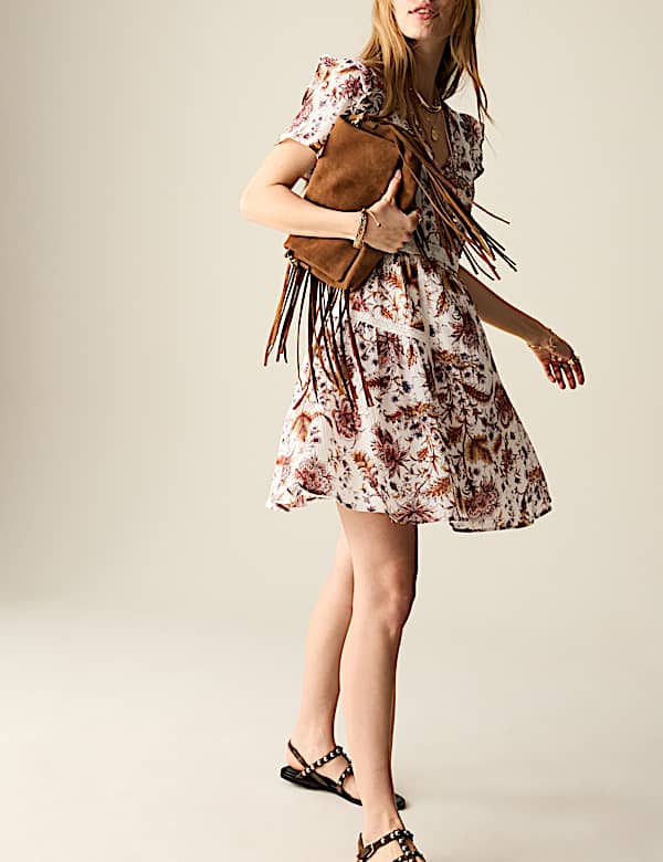 Printed V-Neck Ruffle Lace Insert Mini Dress - GR