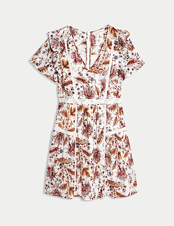 Printed V-Neck Ruffle Lace Insert Mini Dress - GR