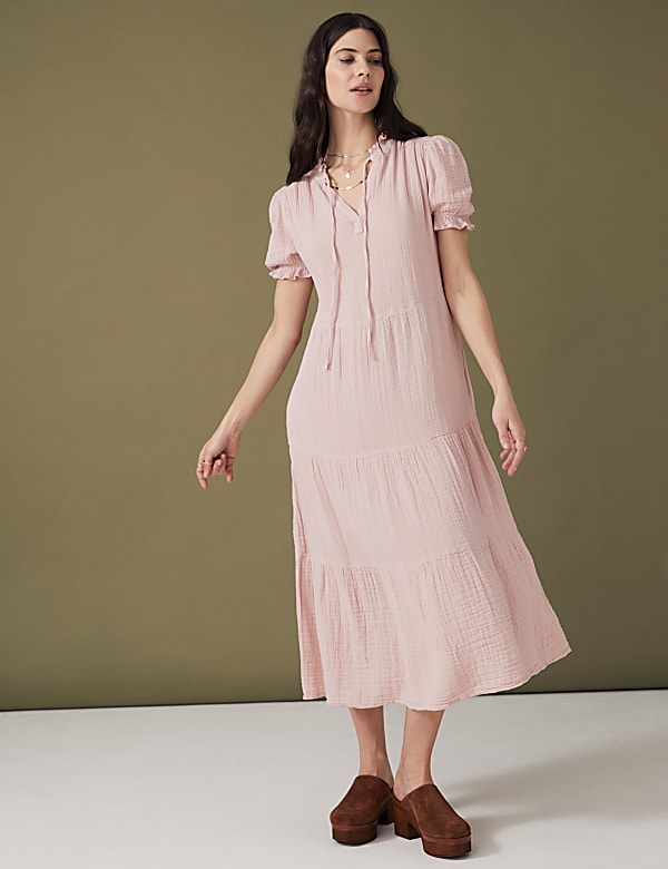 Pure Cotton Tie Neck Midi Tiered Dress