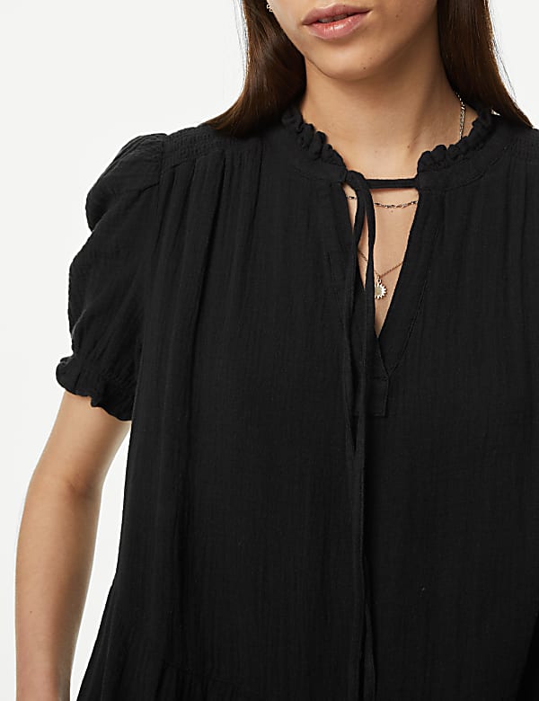 Pure Cotton Tie Neck Midi Tiered Dress