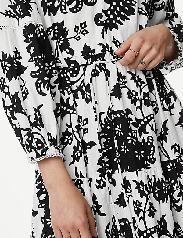 Linen Rich Floral V-Neck Maxi Tiered Dress