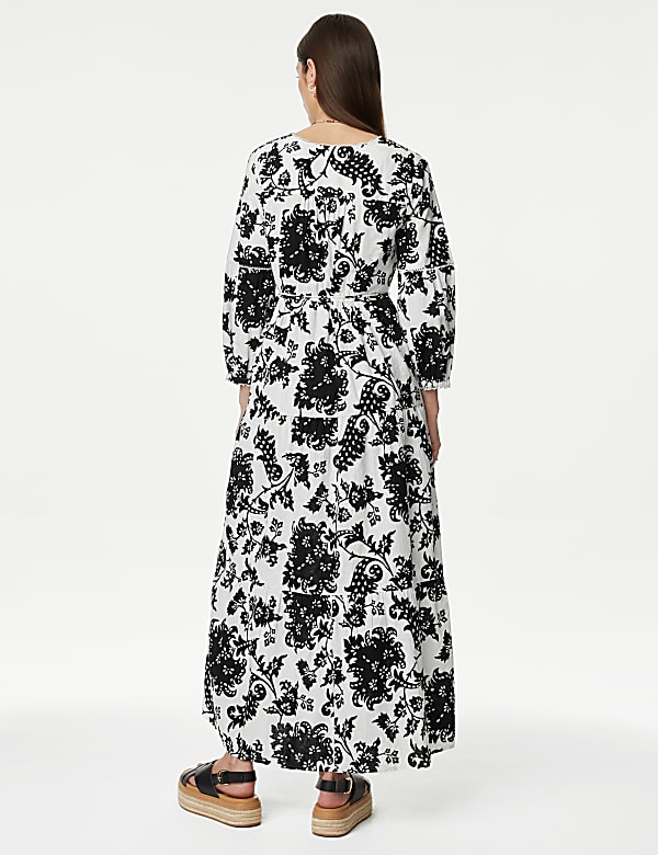 Linen Rich Floral V-Neck Maxi Tiered Dress