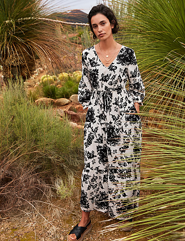Linen Rich Floral V-Neck Maxi Tiered Dress