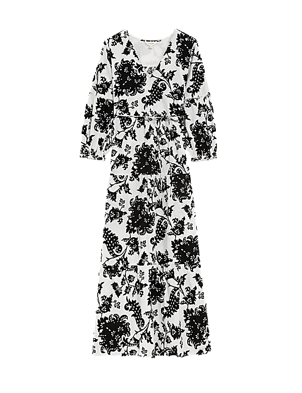 Linen Rich Floral V-Neck Maxi Tiered Dress