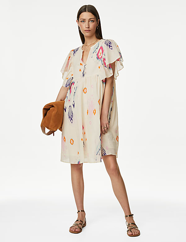 Pure Cotton Printed V-Neck Shift Dress