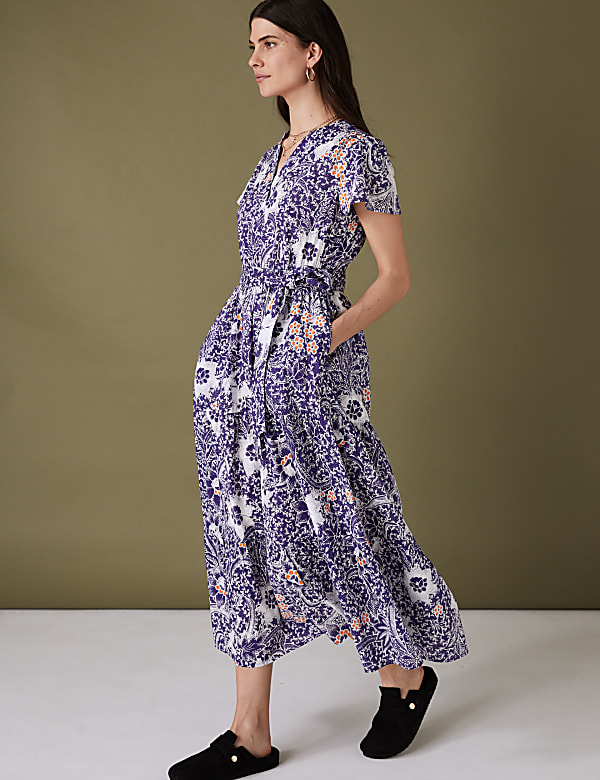 Pure Cotton Floral Notch Neck Midaxi Dress