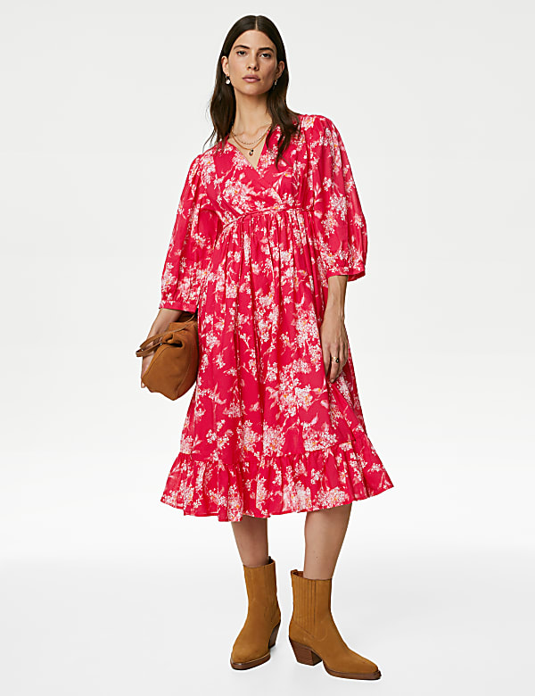 Pure Cotton Printed V-Neck Midi Smock Dress - GR