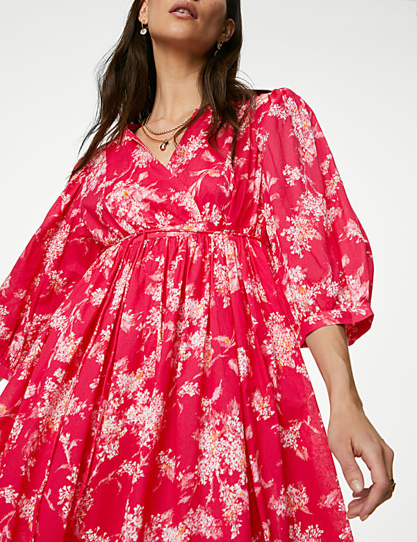 Pure Cotton Printed V-Neck Midi Smock Dress