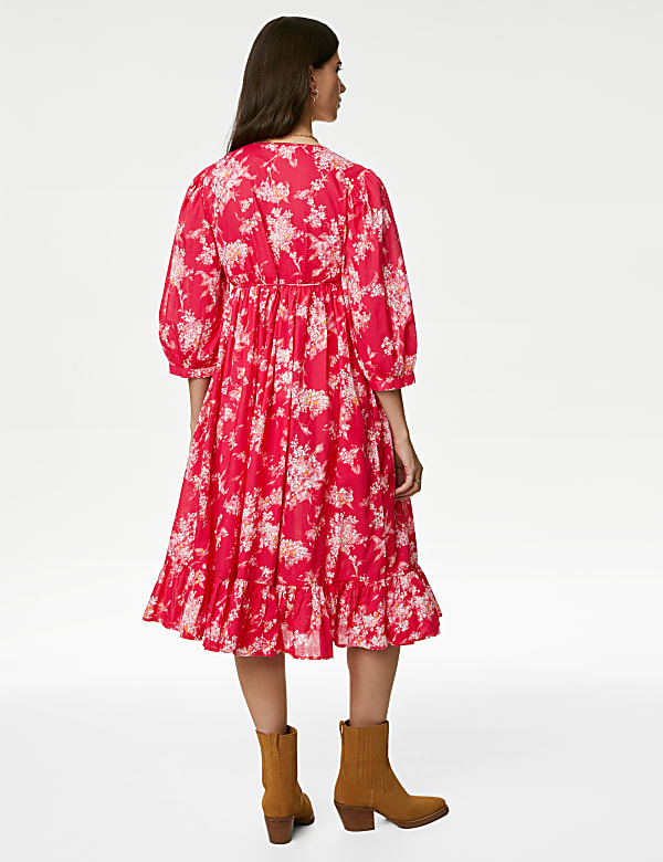Pure Cotton Printed V-Neck Midi Smock Dress