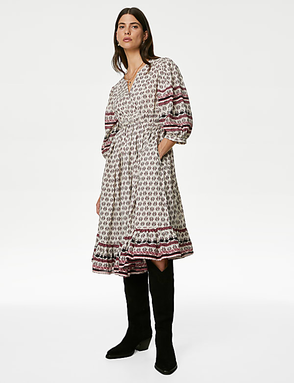 Pure Cotton Printed V-Neck Midi Smock Dress