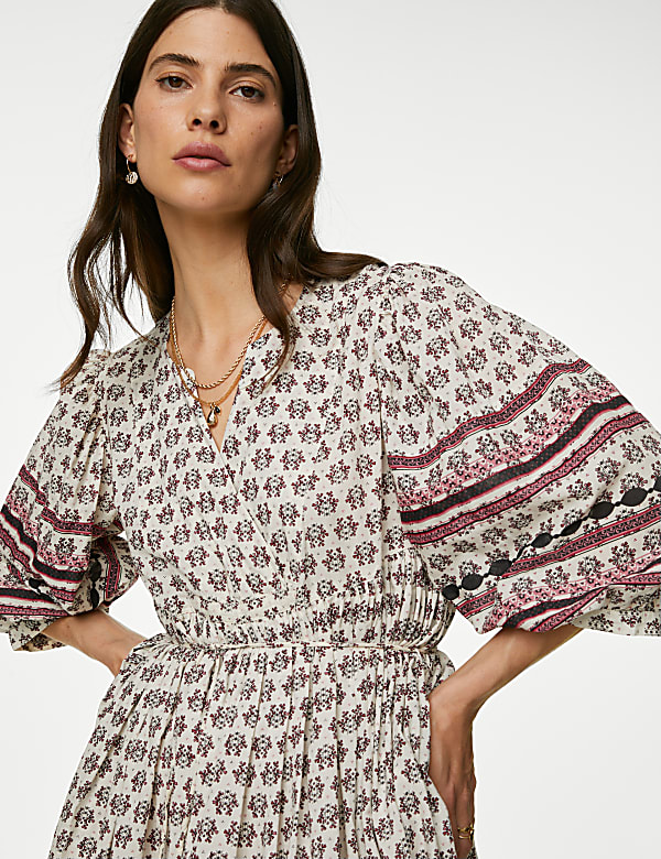 Pure Cotton Printed V-Neck Midi Smock Dress