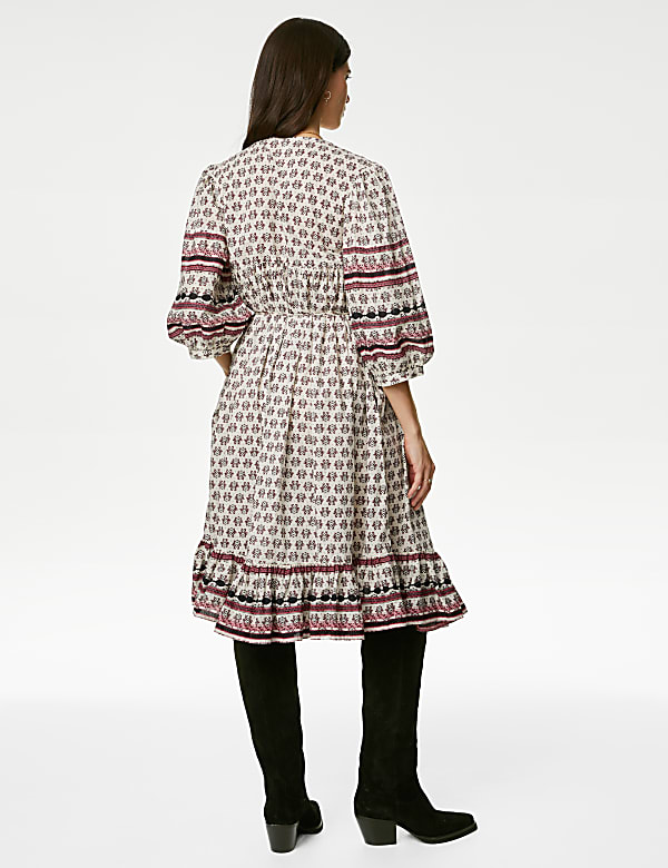 Pure Cotton Printed V-Neck Midi Smock Dress