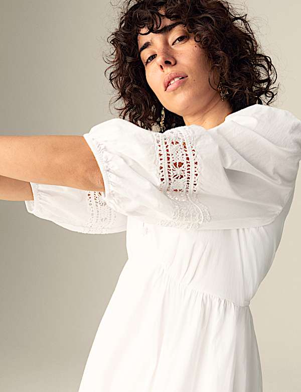 Pure Cotton V-Neck Crochet Detail Midaxi Waisted Dress - HU