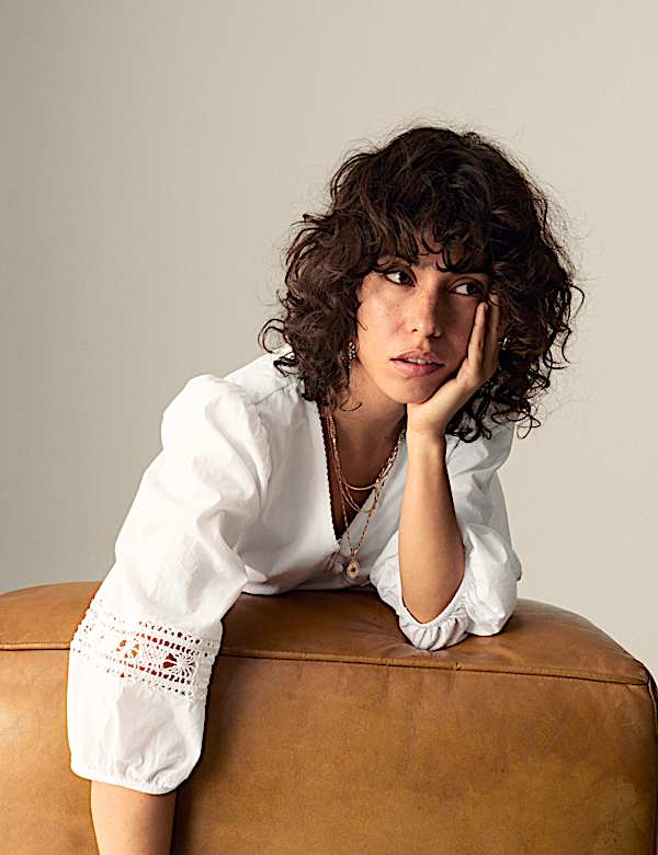 Robe midaxi 100 % coton au crochet &agrave; col en V et taille ajust&eacute;e - FR