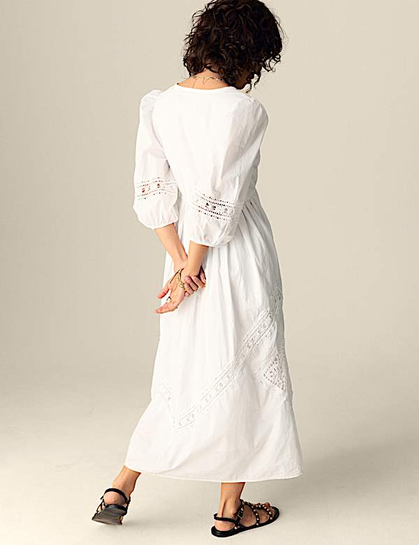 Robe midaxi 100 % coton au crochet &agrave; col en V et taille ajust&eacute;e - FR