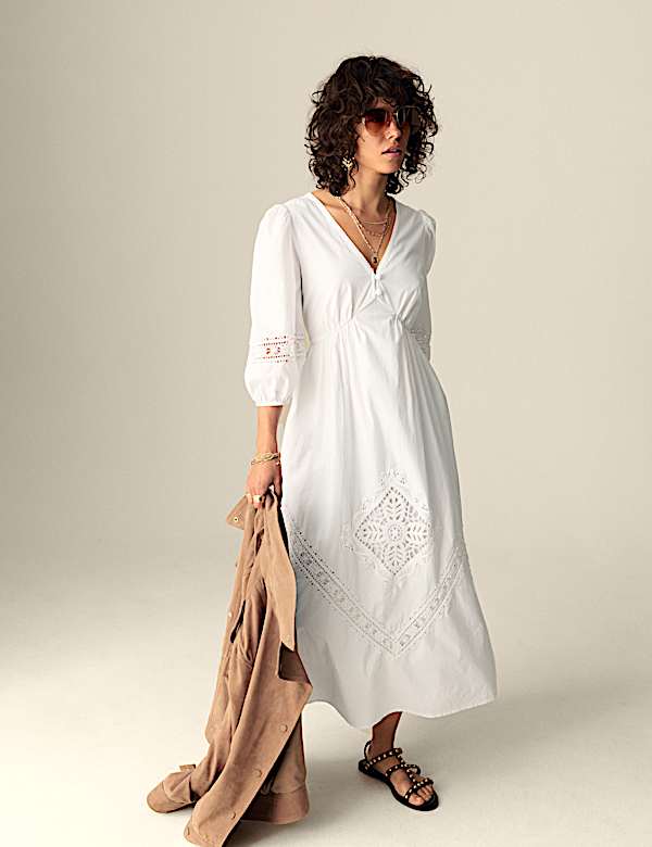 Robe midaxi 100 % coton au crochet &agrave; col en V et taille ajust&eacute;e - FR