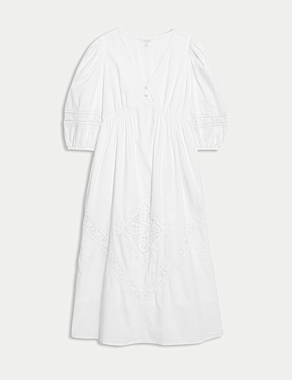 Robe midaxi 100 % coton au crochet &agrave; col en V et taille ajust&eacute;e - FR