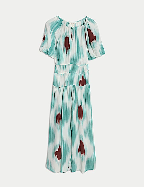 Printed Notch Neck Puff Sleeve Midaxi Waisted Dress - JE