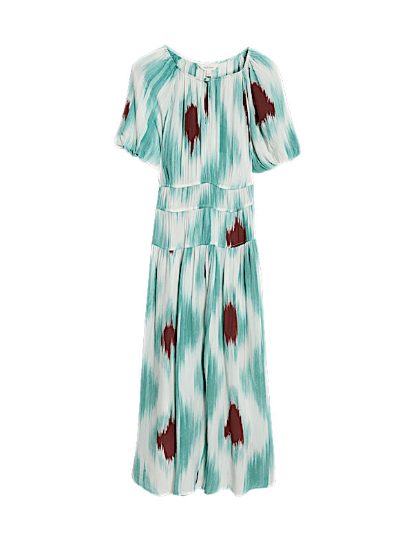 Printed Notch Neck Puff Sleeve Midaxi Waisted Dress